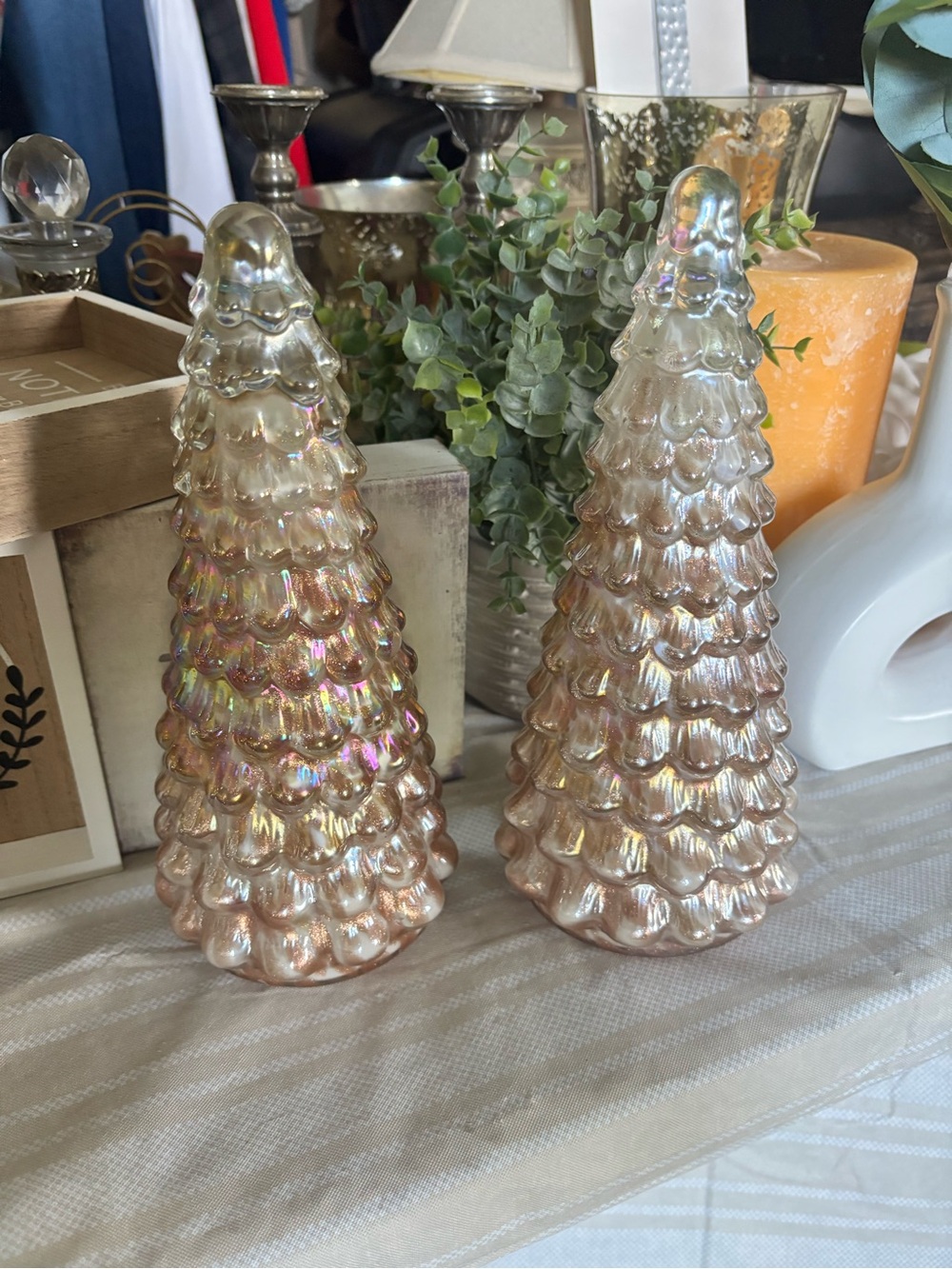 Iridescent Glass Christmas Tree Pair - Shimmery Rose Gold